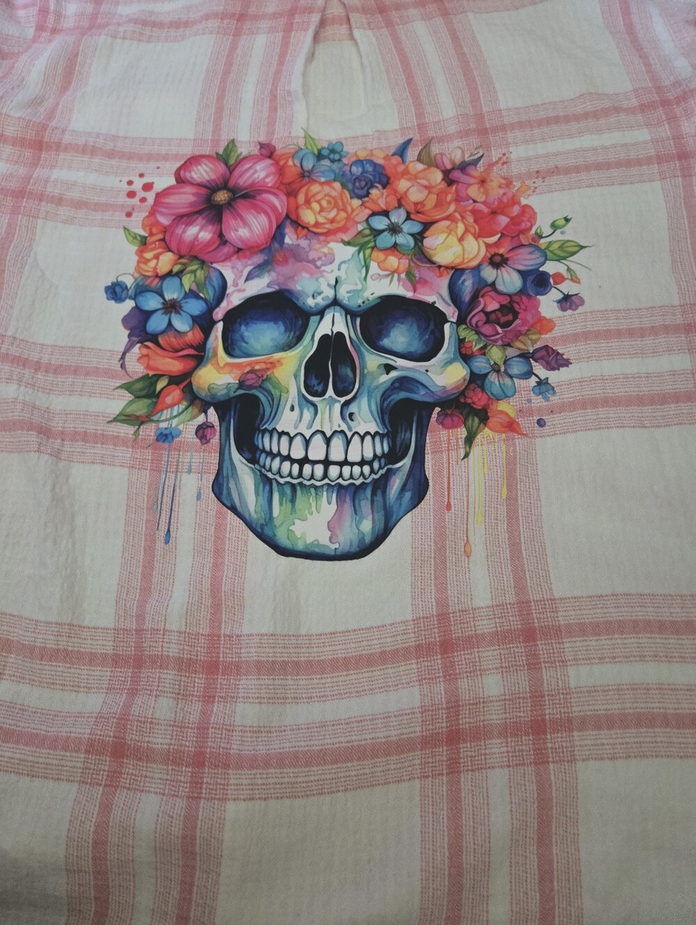 Upcycled Floral Skull Plaid Long Sleeve Shirt – Boho Art Apparel. LS01 - Picture 7 of 8